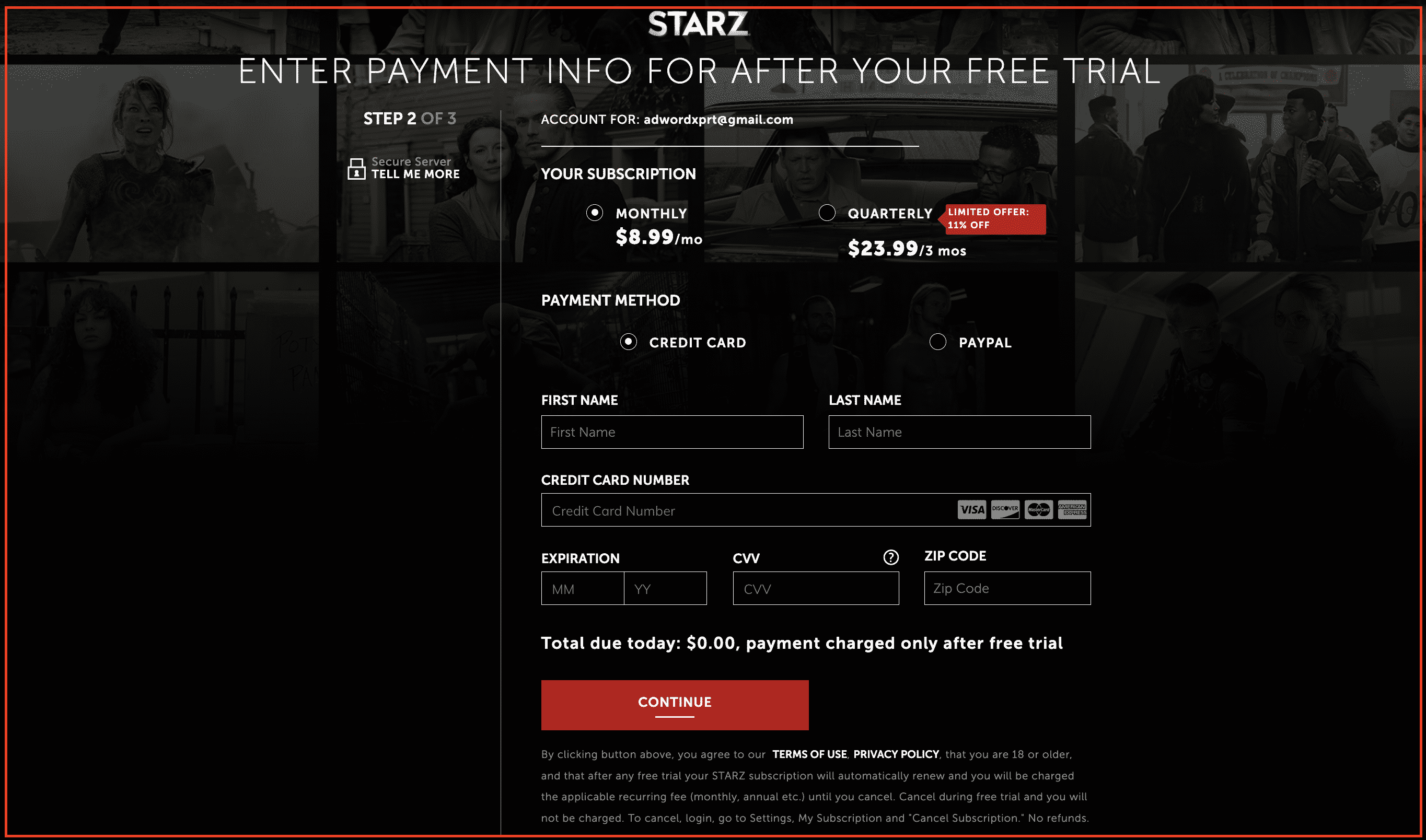 Starz free trial payment details