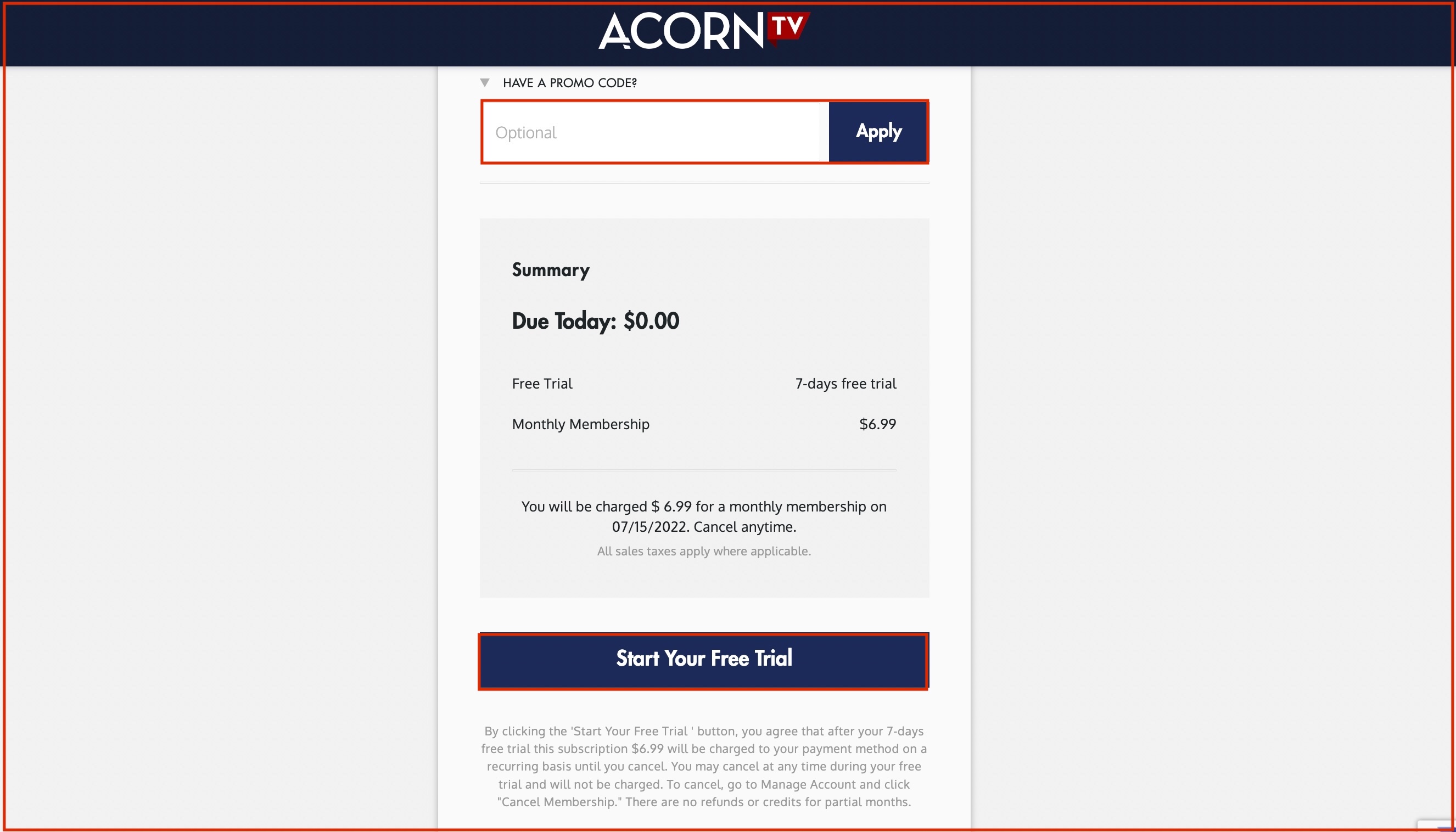 Enter Acorn TV payment and coupon code