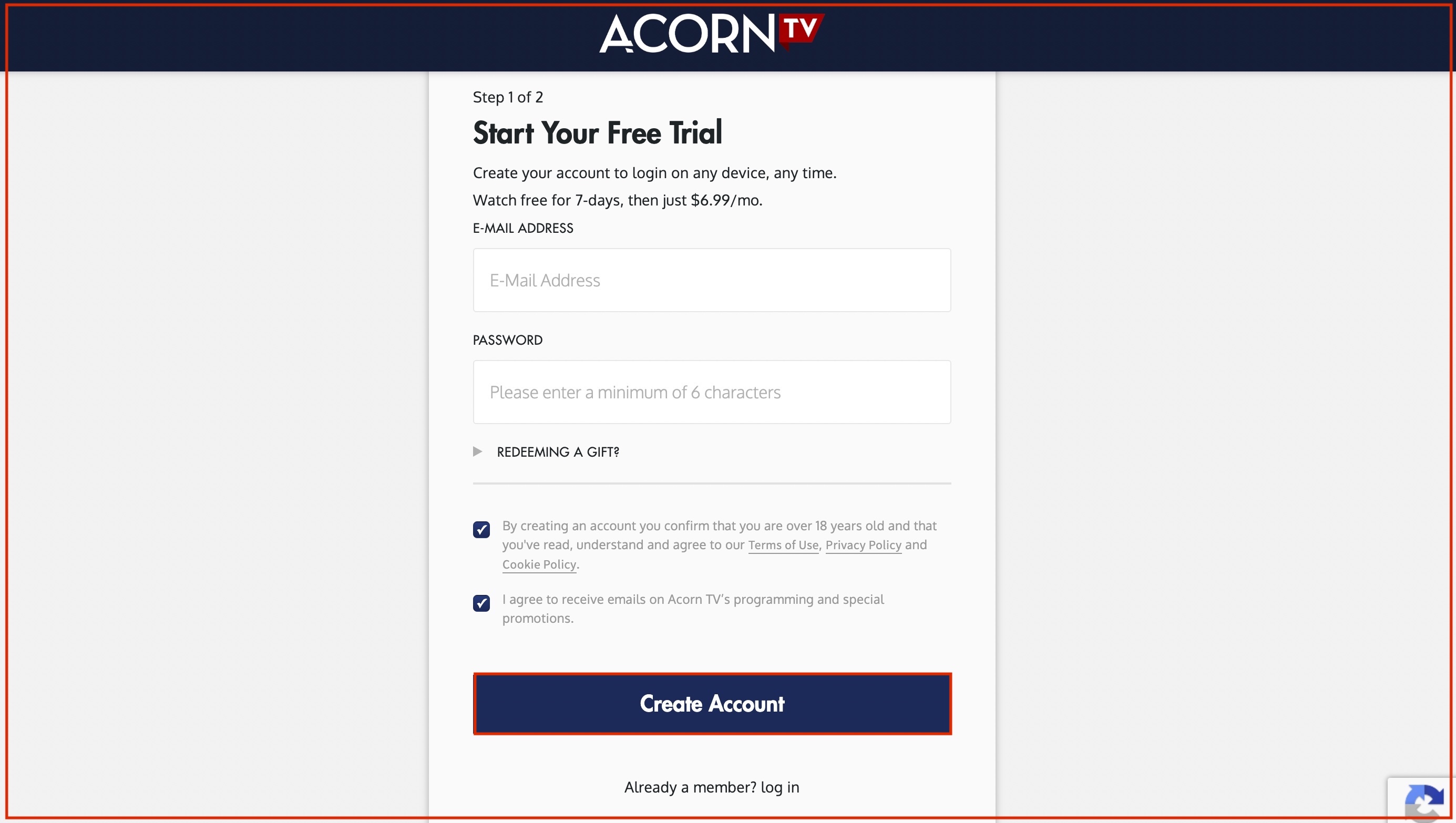 create free trial acorn account